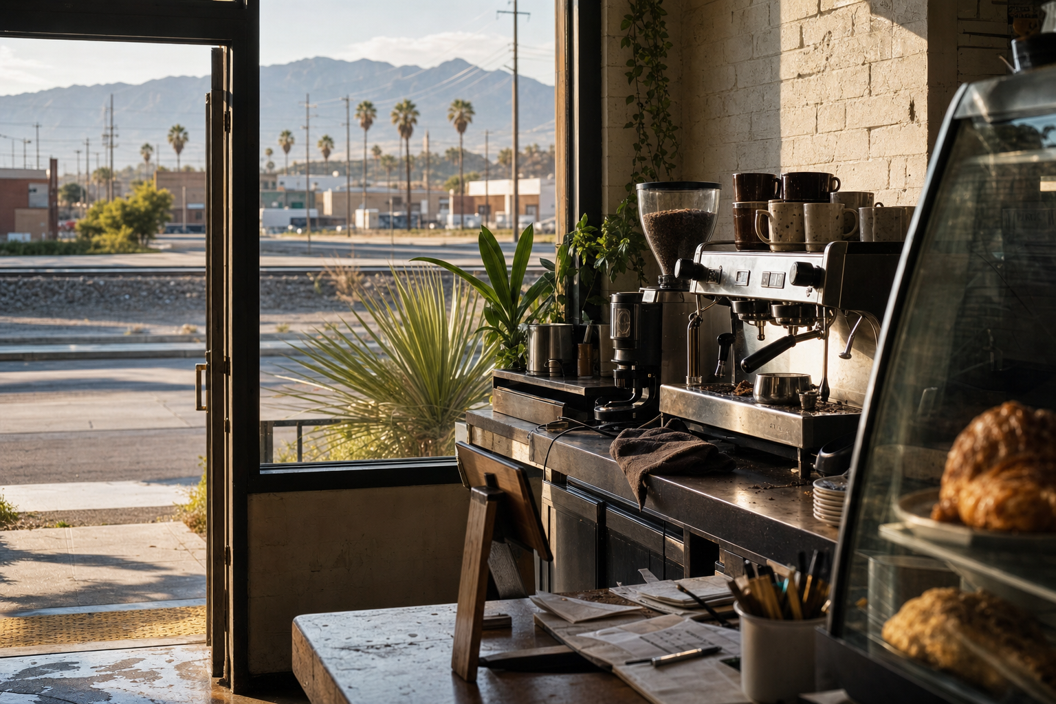 North Las Vegas coffee shop interior with NV morning light around the espresso bar.