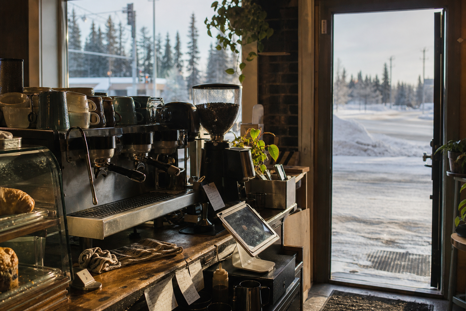 North Pole coffee shop interior with AK morning light around the espresso bar.