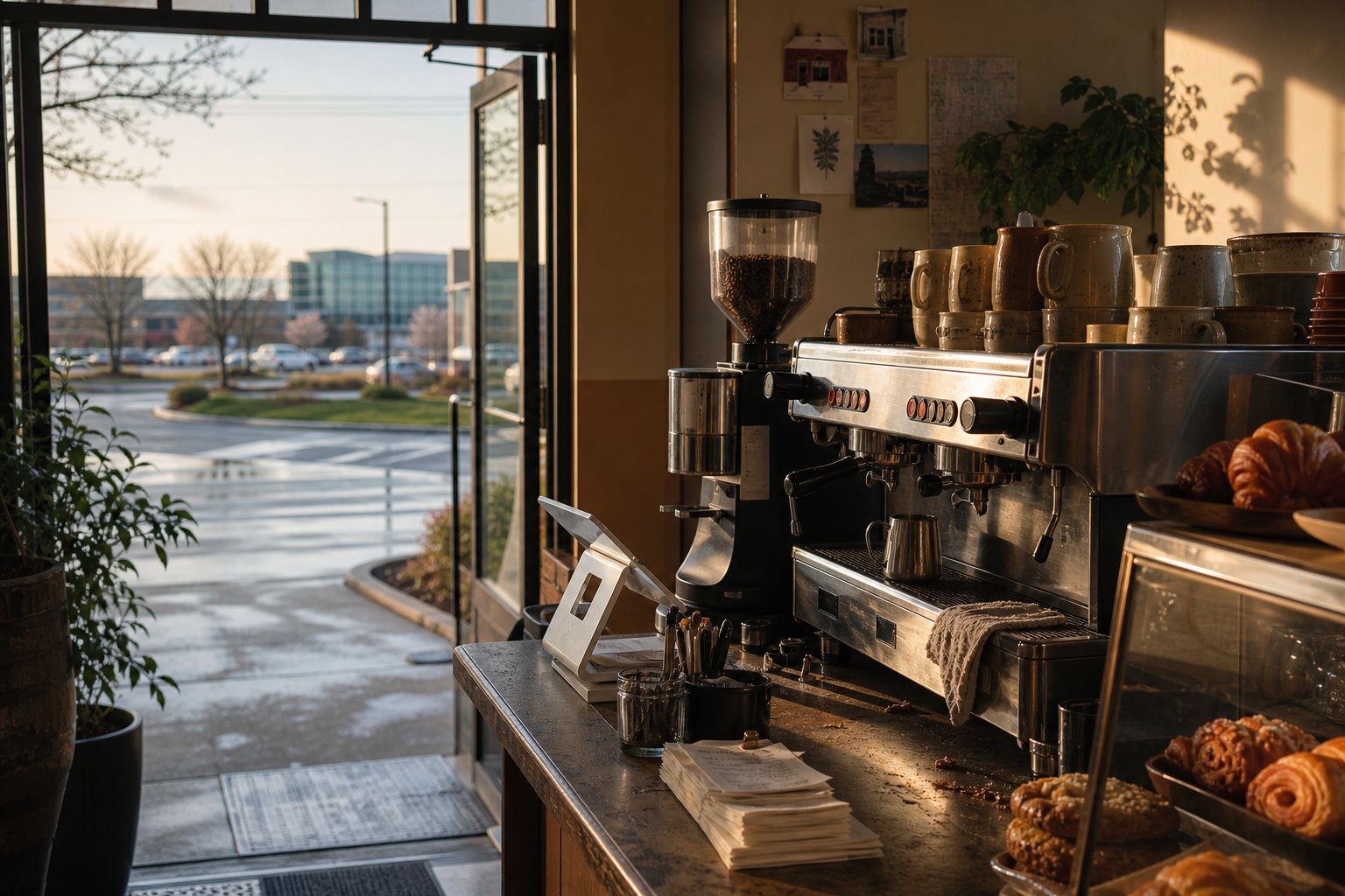 Novi coffee shop interior with MI morning light around the espresso bar.