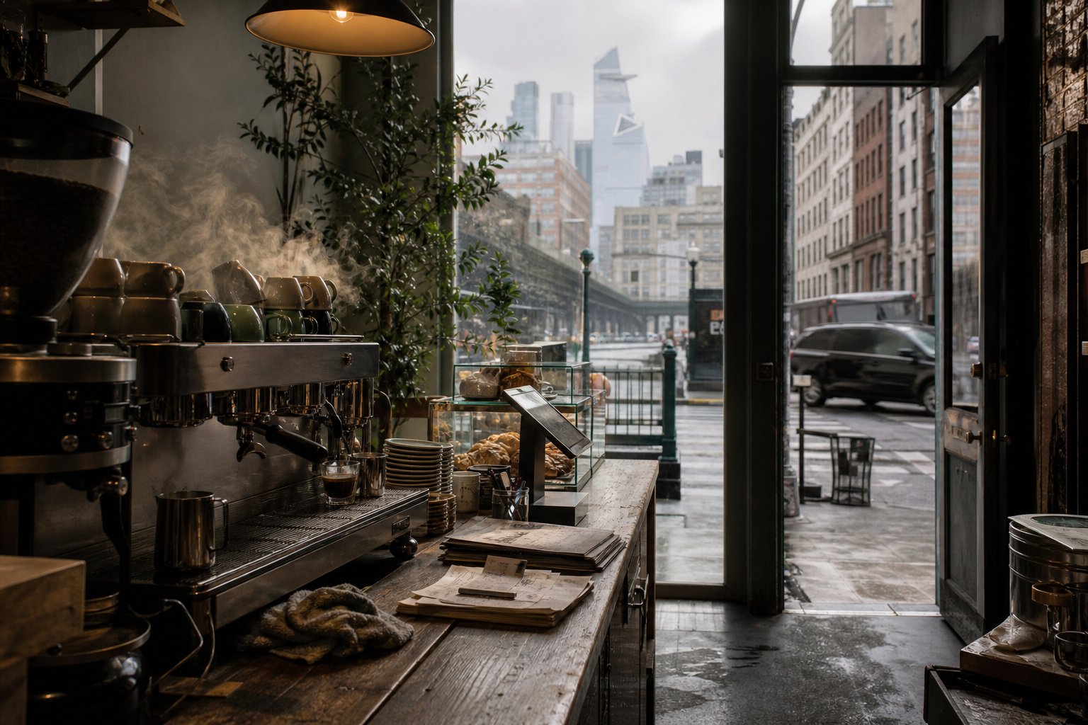 New York coffee shop interior with NY morning light around the espresso bar.