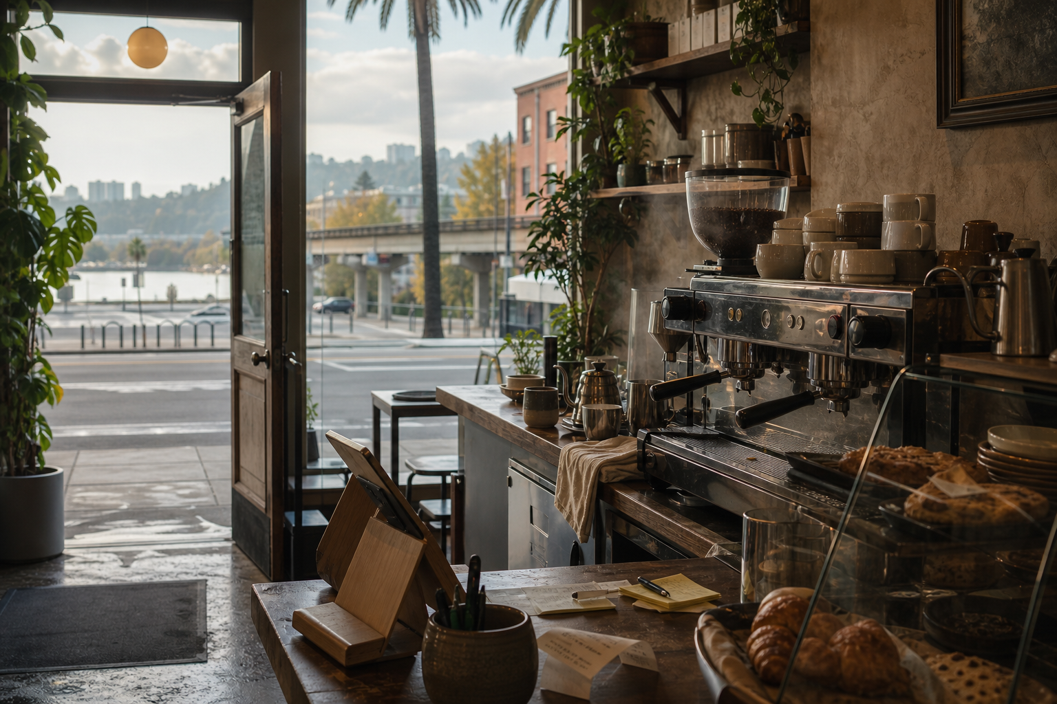 Oakland coffee shop interior with CA morning light around the espresso bar.