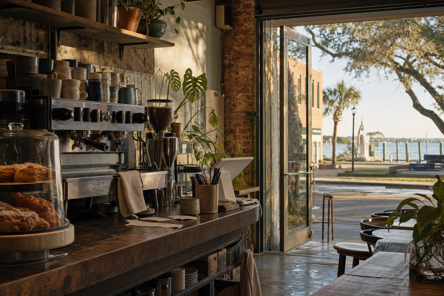 Ocean Springs coffee shop interior with MS morning light around the espresso bar.