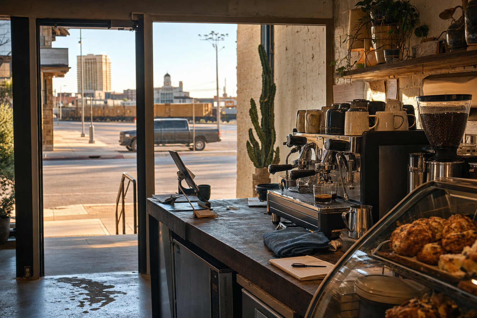 Odessa coffee shop interior with TX morning light around the espresso bar.
