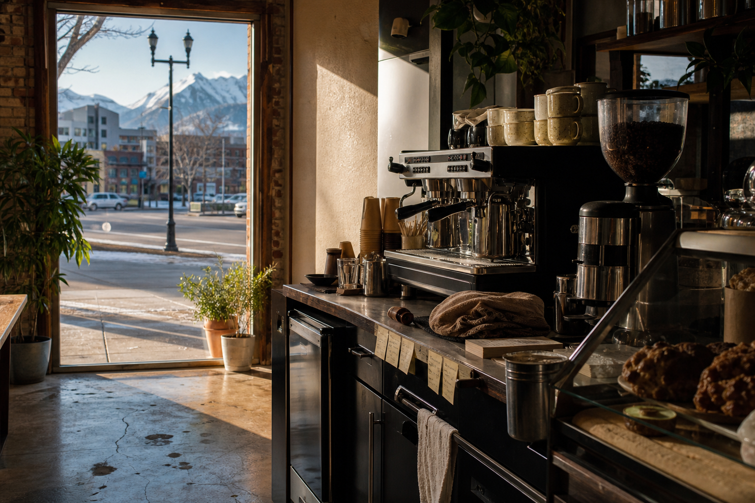 Ogden coffee shop interior with UT morning light around the espresso bar.