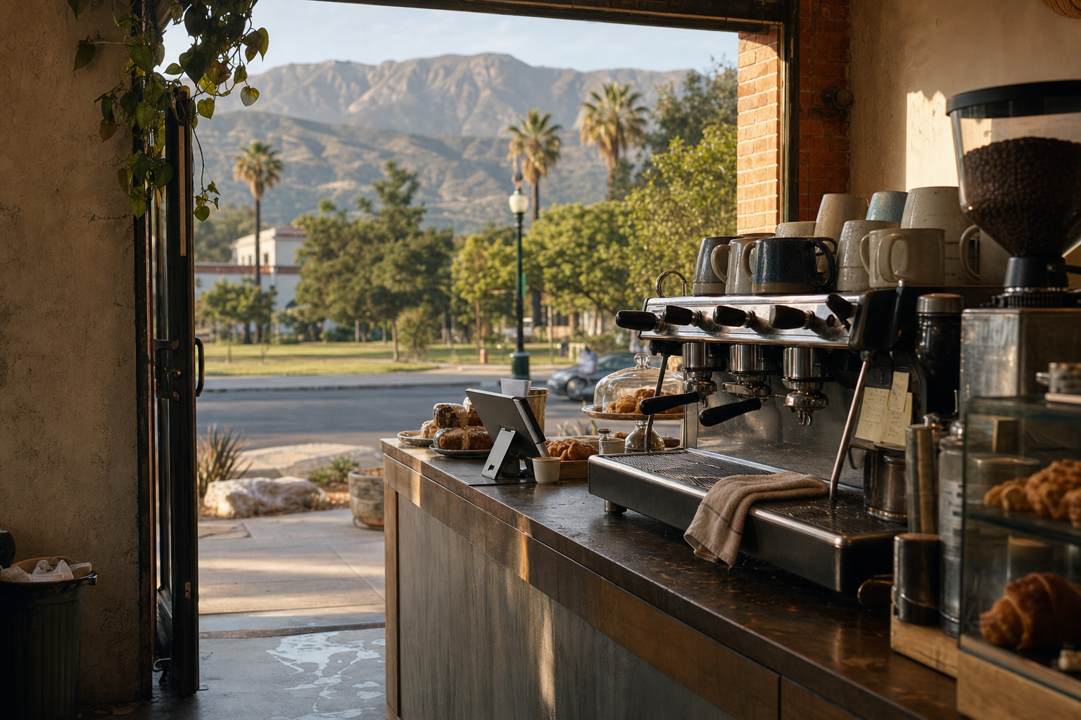 Ojai coffee shop interior with CA morning light around the espresso bar.