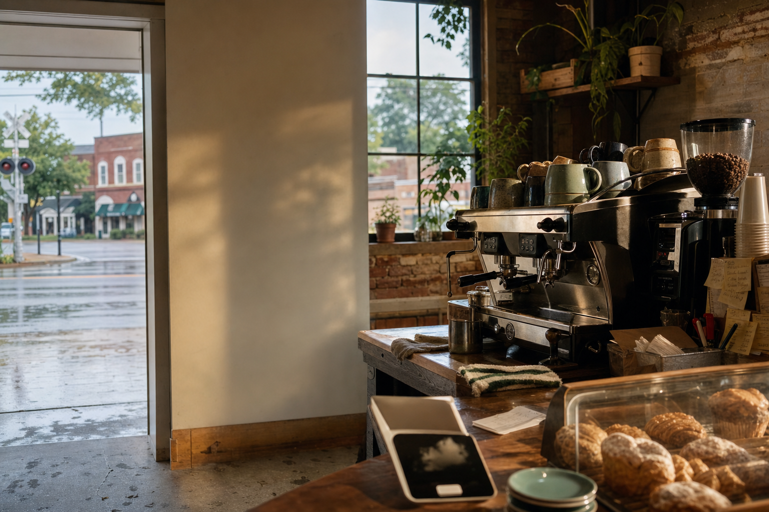 Olive Branch coffee shop interior with MS morning light around the espresso bar.