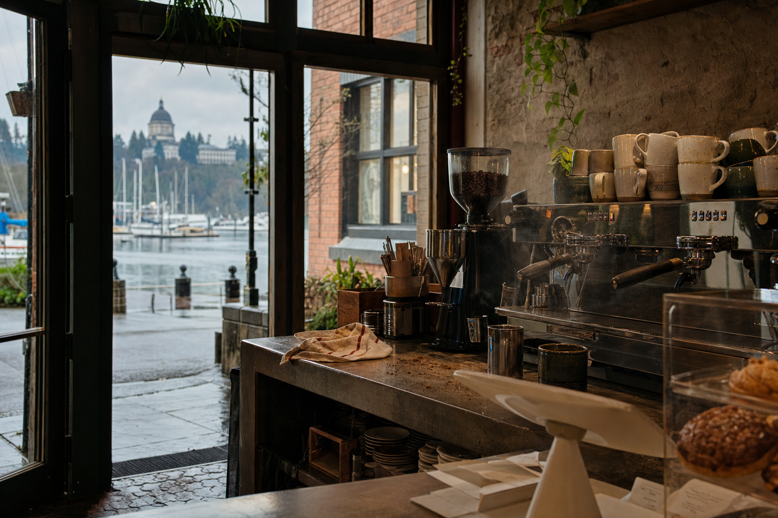 Olympia coffee shop interior with WA morning light around the espresso bar.