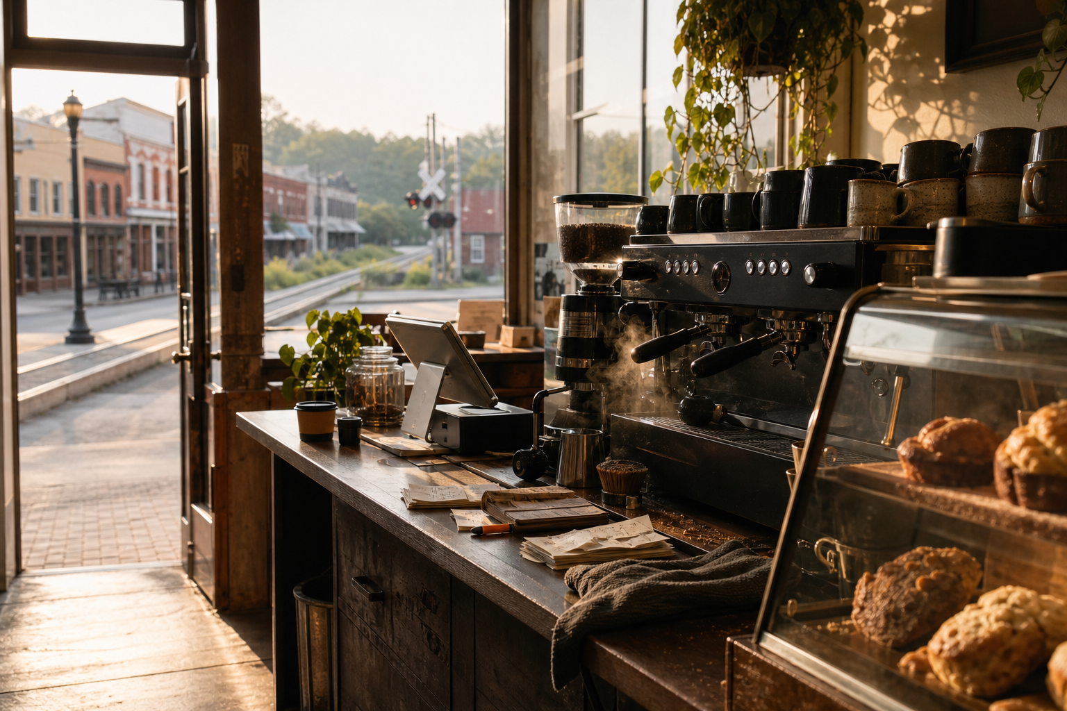 Opelika coffee shop interior with AL morning light around the espresso bar.