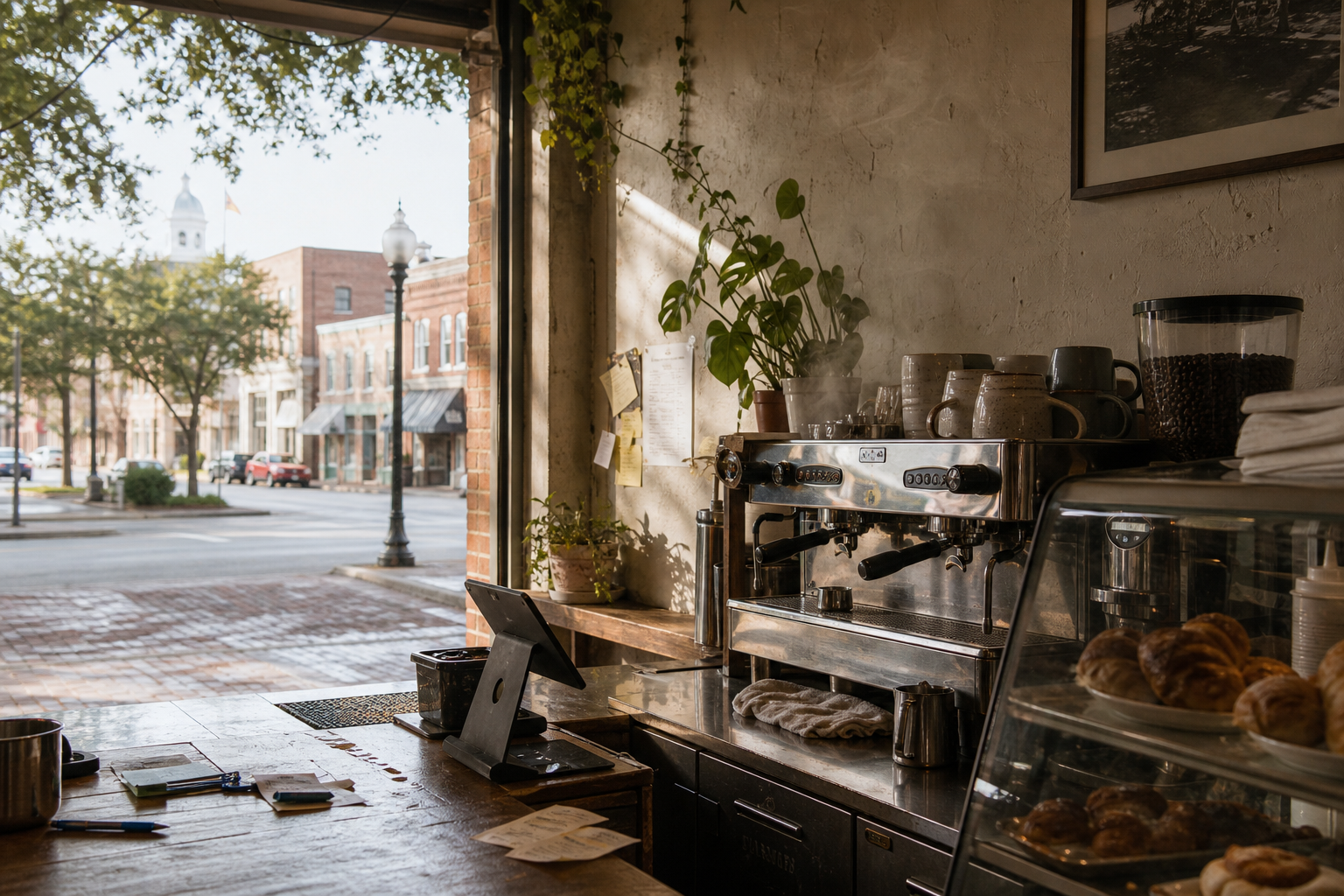 Opelousas coffee shop interior with LA morning light around the espresso bar.