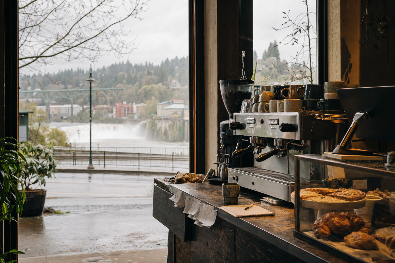 Oregon City coffee shop interior with OR morning light around the espresso bar.