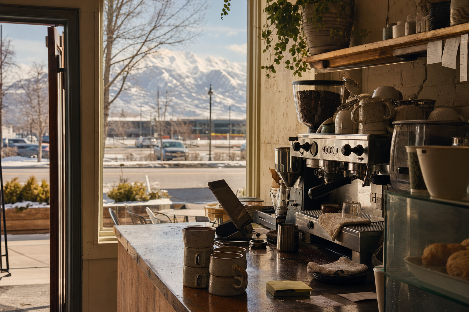 Orem coffee shop interior with UT morning light around the espresso bar.