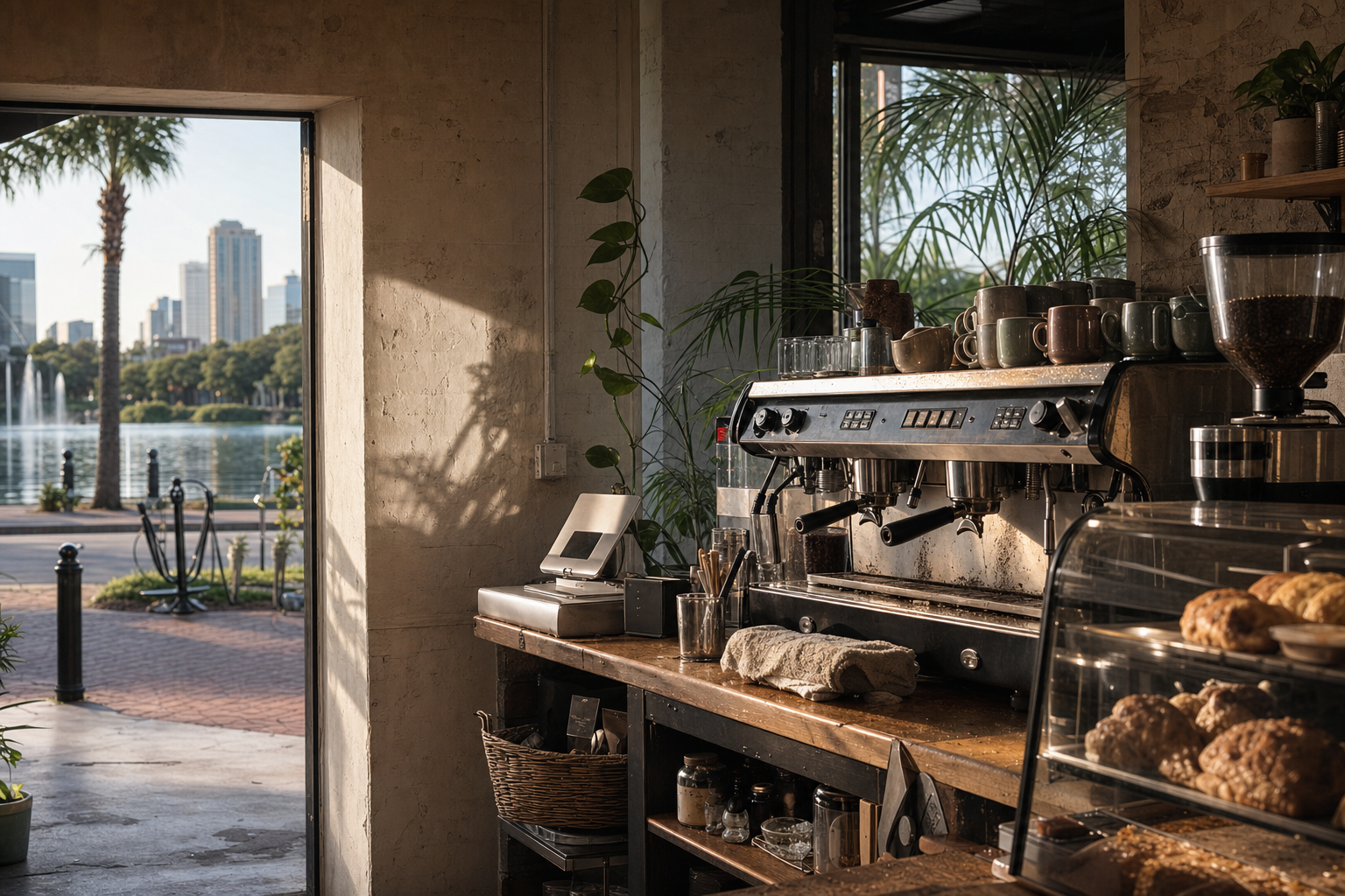 Orlando coffee shop interior with FL morning light around the espresso bar.