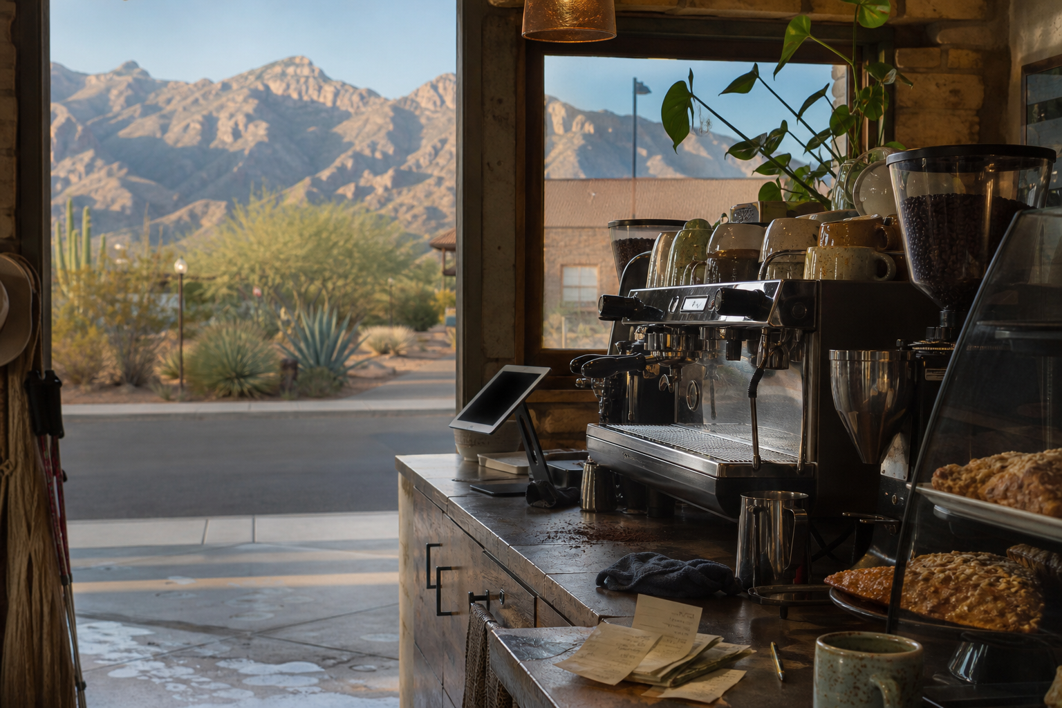 Oro Valley coffee shop interior with AZ morning light around the espresso bar.