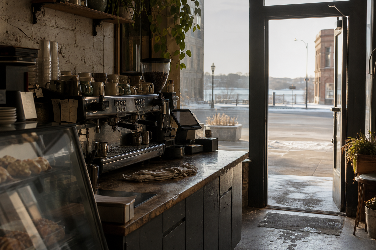Ottumwa coffee shop interior with IA morning light around the espresso bar.