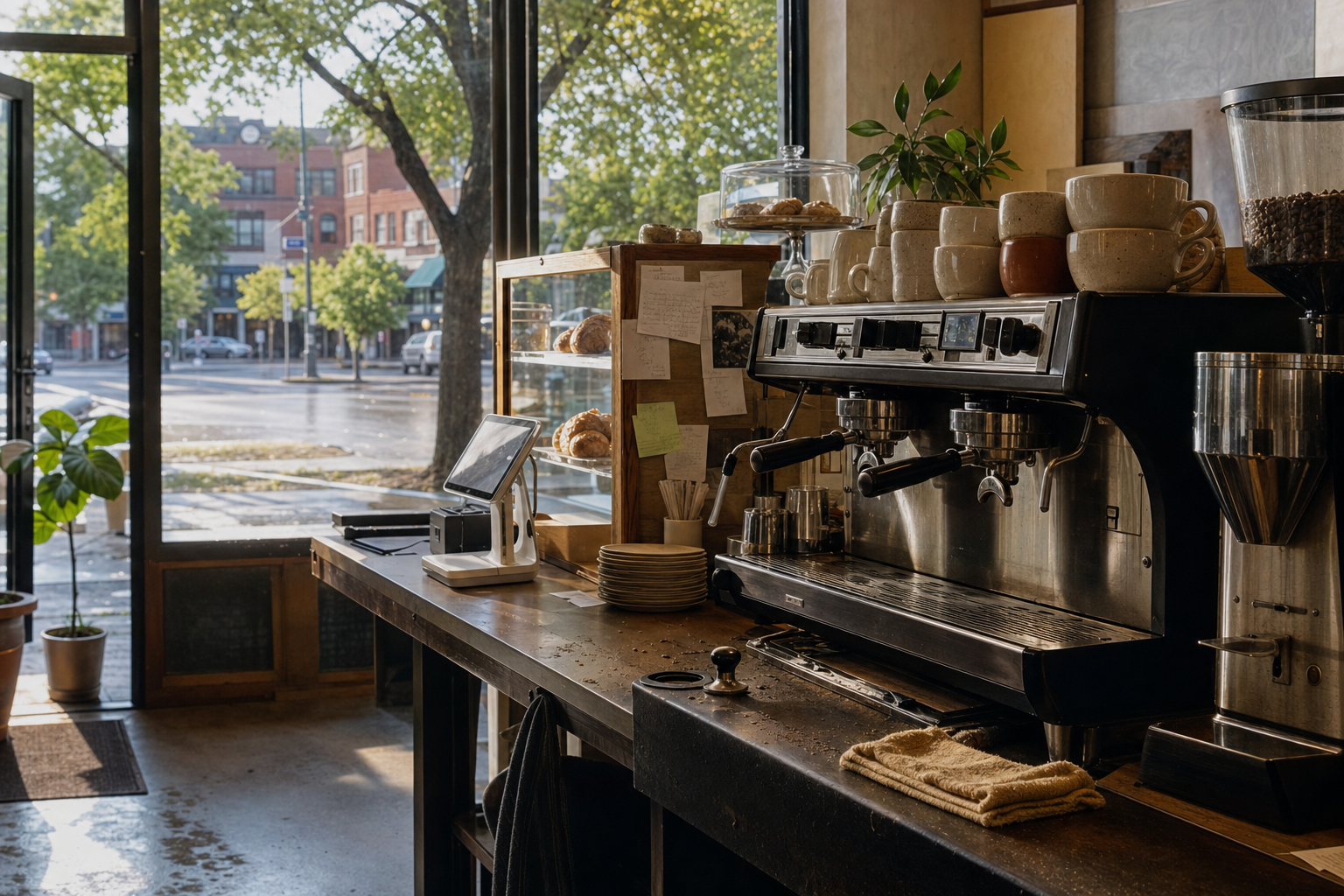 Overland Park coffee shop interior with KS morning light around the espresso bar.