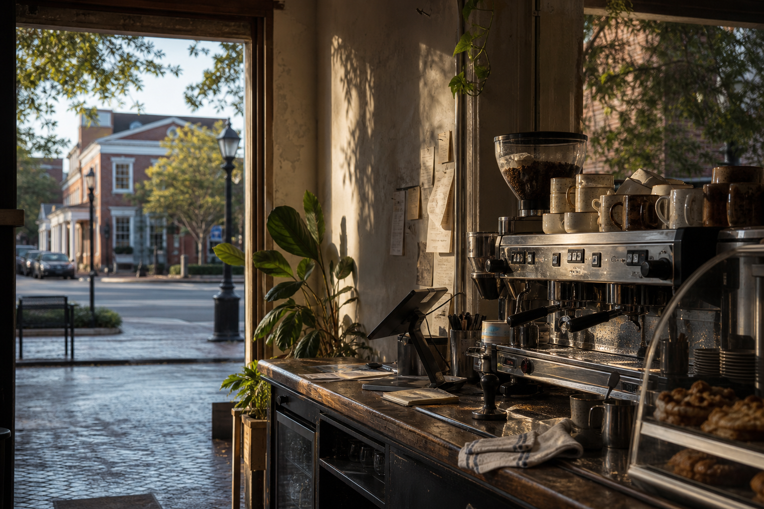 Oxford coffee shop interior with MS morning light around the espresso bar.