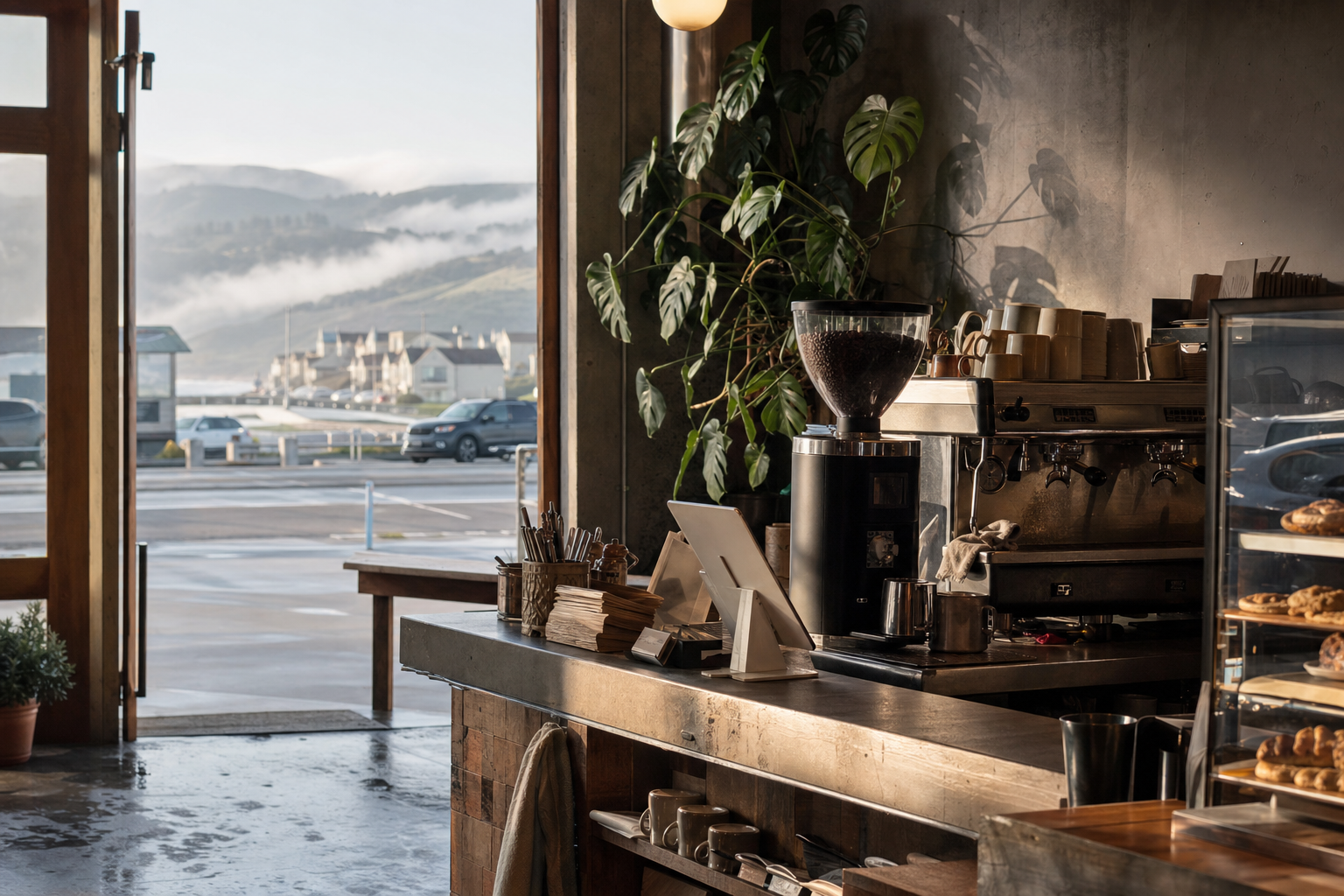 Pacifica coffee shop interior with CA morning light around the espresso bar.