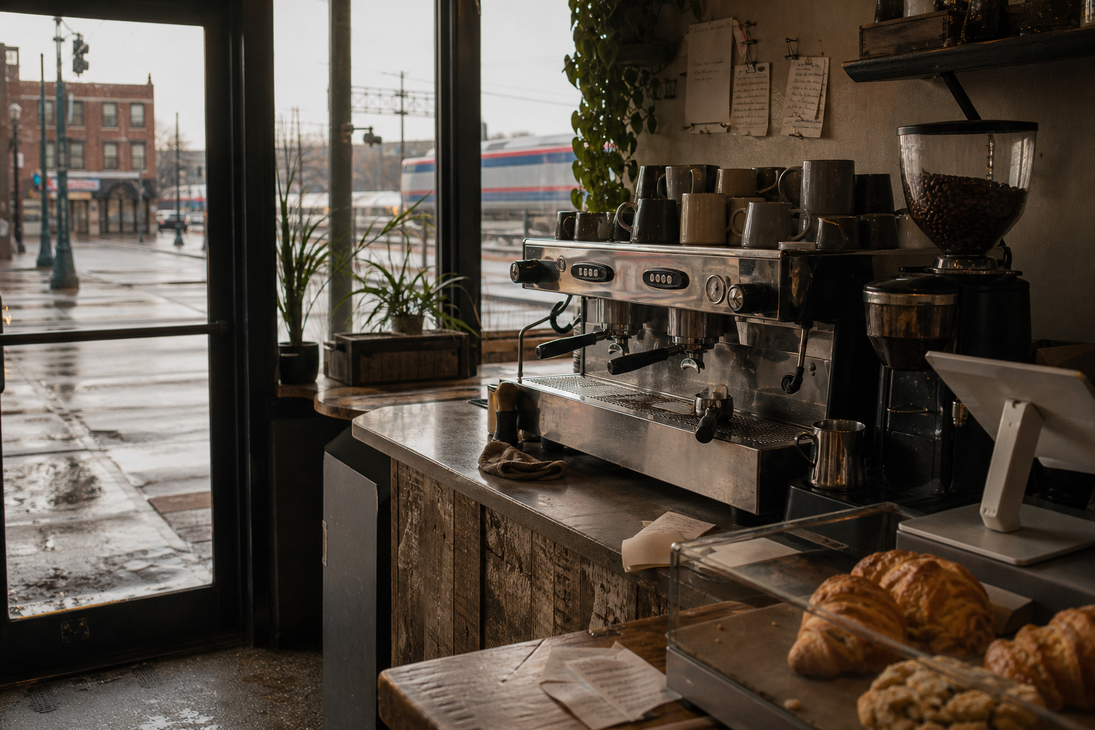 Palatine coffee shop interior with IL morning light around the espresso bar.