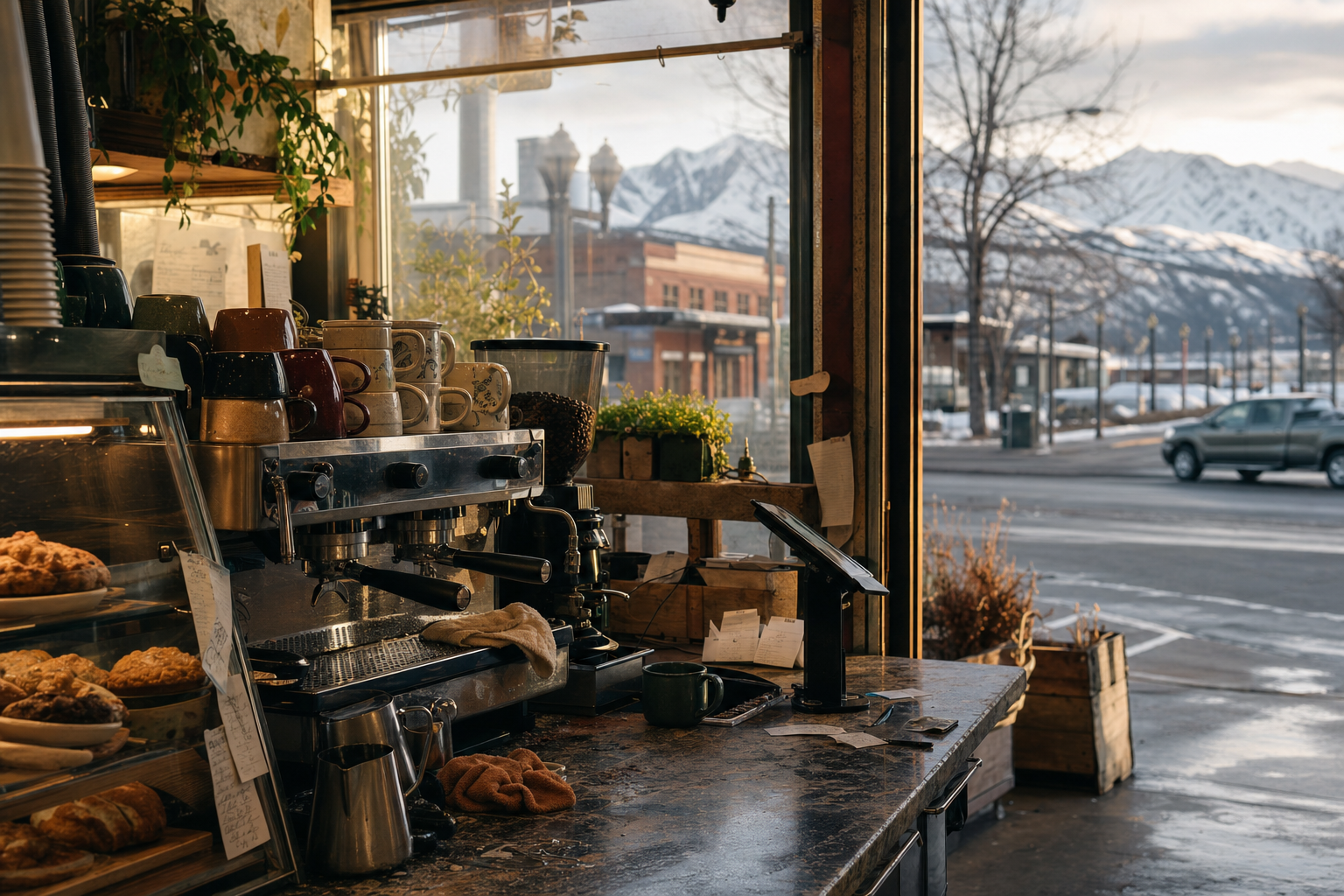 Palmer coffee shop interior with AK morning light around the espresso bar.