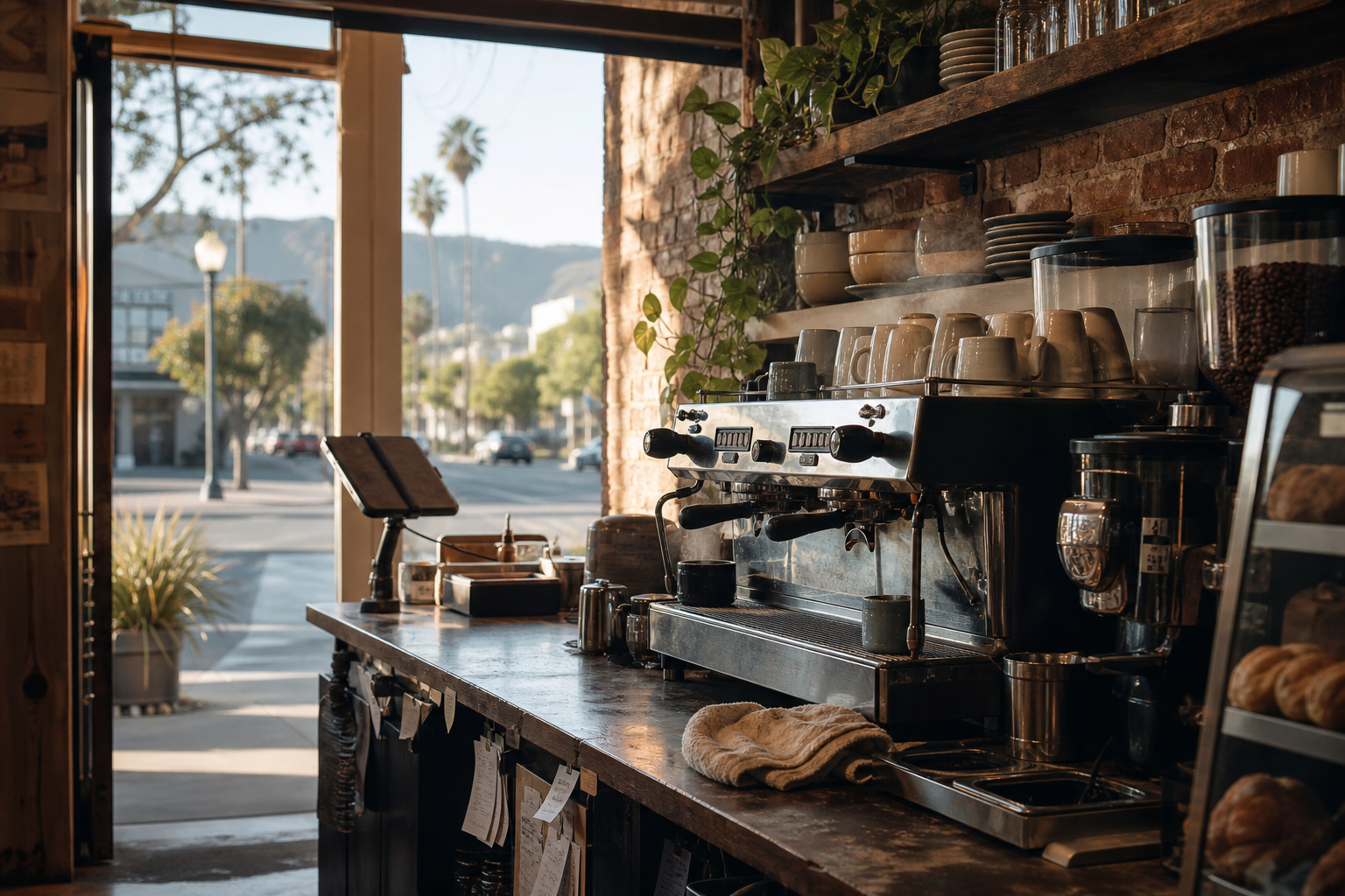 Palo Alto coffee shop interior with CA morning light around the espresso bar.
