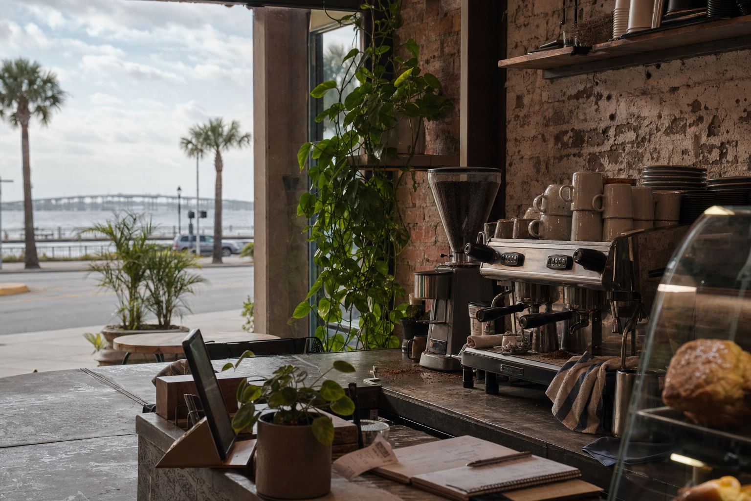 Panama City coffee shop interior with FL morning light around the espresso bar.