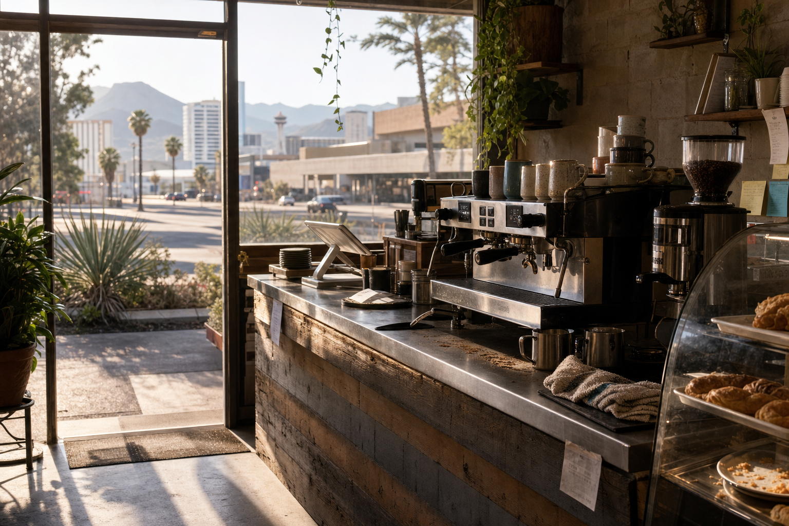 Paradise coffee shop interior with NV morning light around the espresso bar.