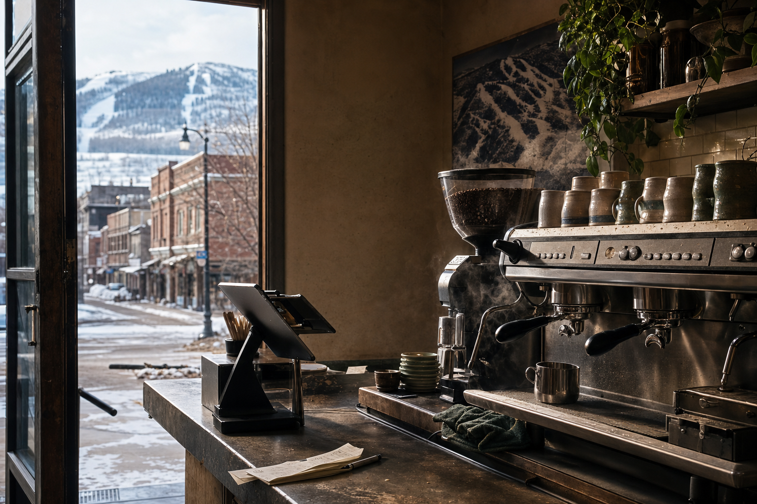 Park City coffee shop interior with UT morning light around the espresso bar.