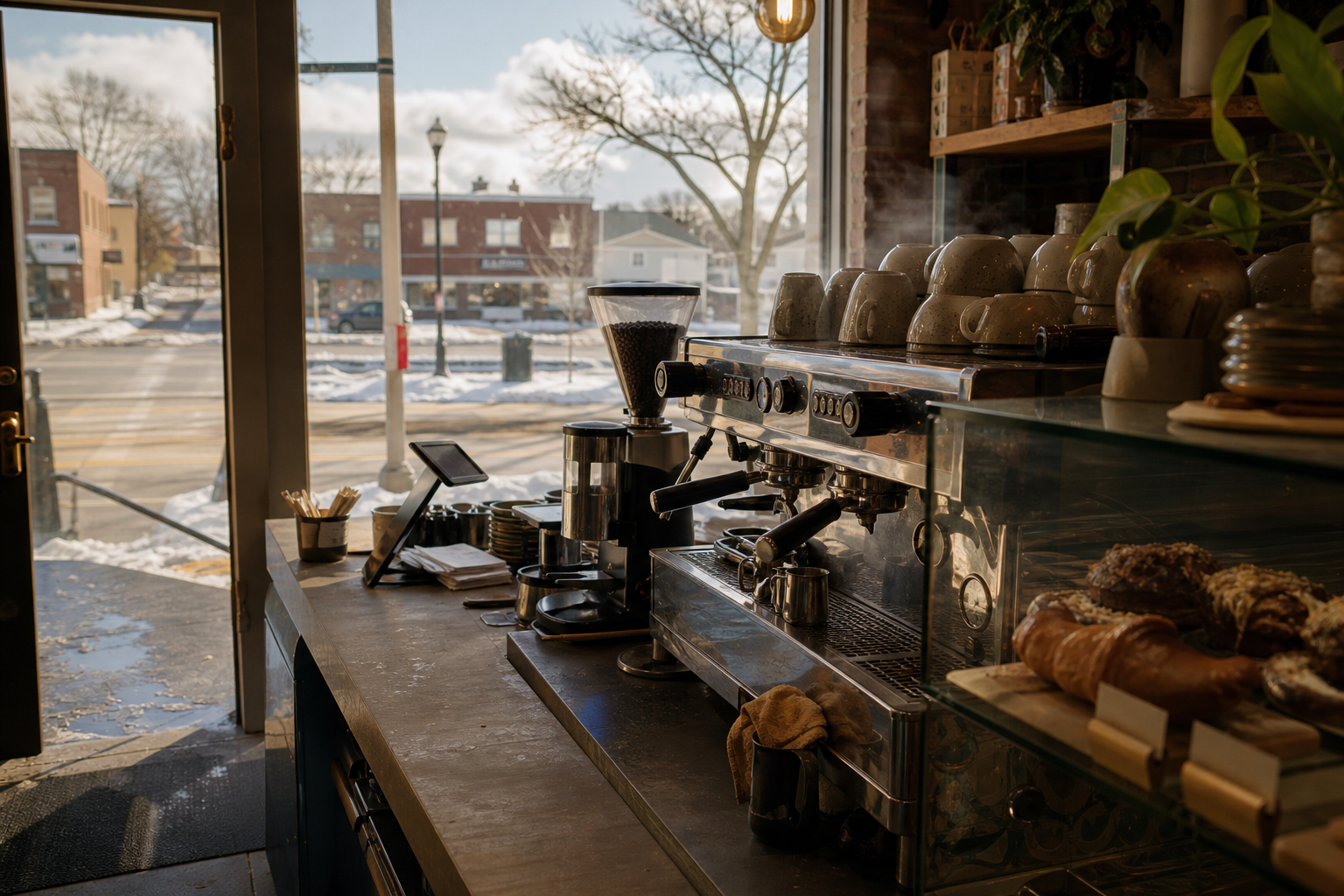 Parma coffee shop interior with OH morning light around the espresso bar.