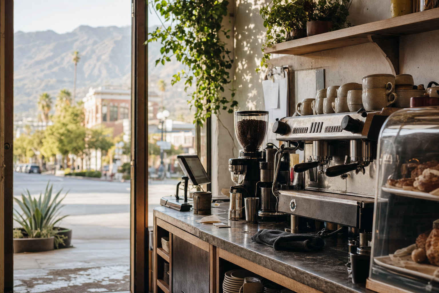 Pasadena coffee shop interior with CA morning light around the espresso bar.