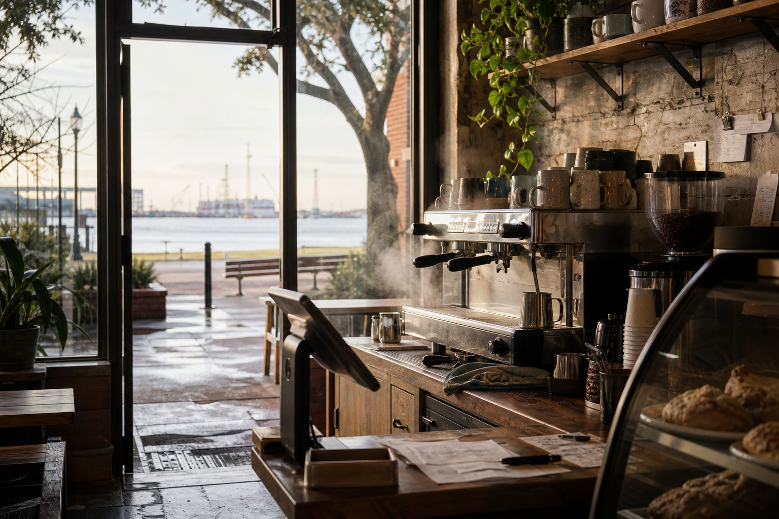 Pascagoula coffee shop interior with MS morning light around the espresso bar.