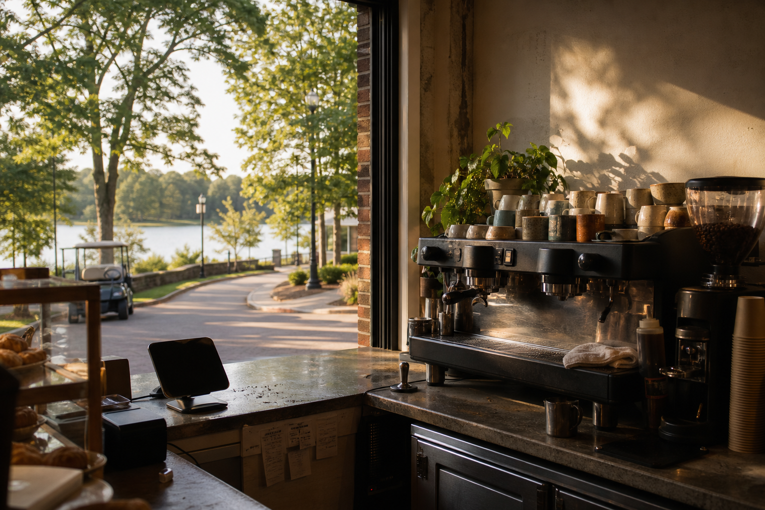 Peachtree City coffee shop interior with GA morning light around the espresso bar.
