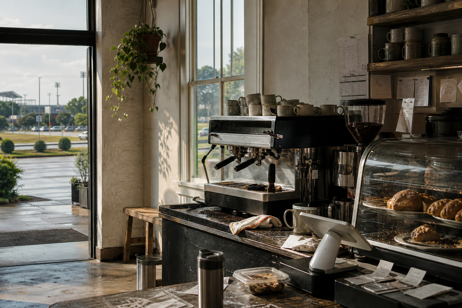 Pearl coffee shop interior with MS morning light around the espresso bar.