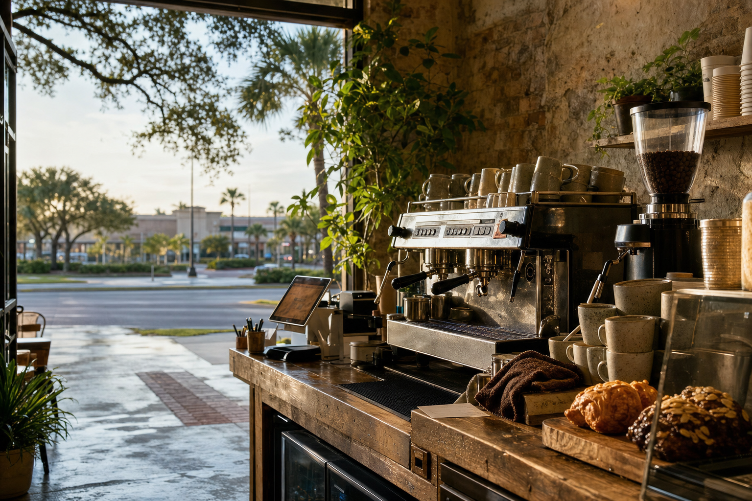 Pearland coffee shop interior with TX morning light around the espresso bar.