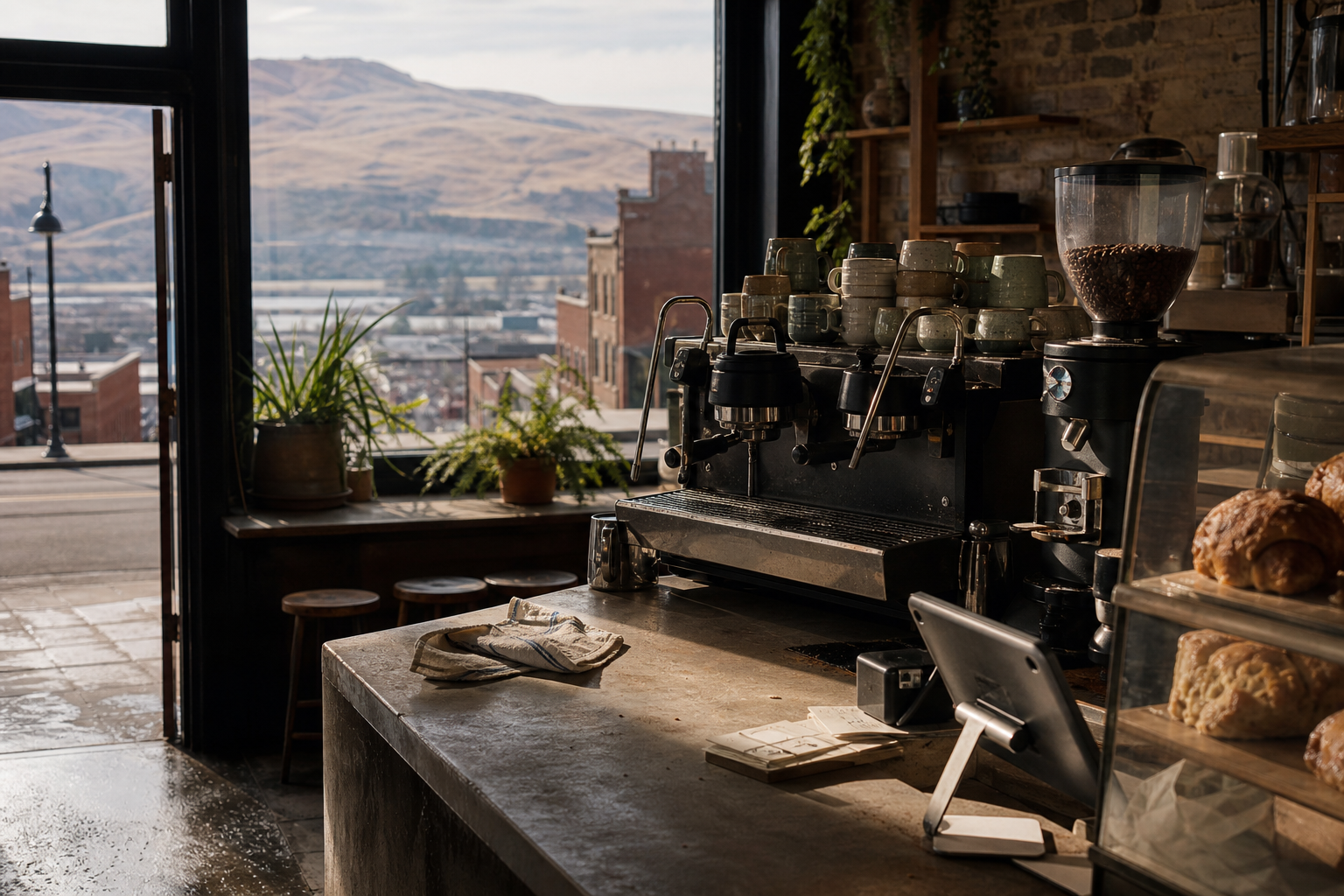 Pendleton coffee shop interior with OR morning light around the espresso bar.