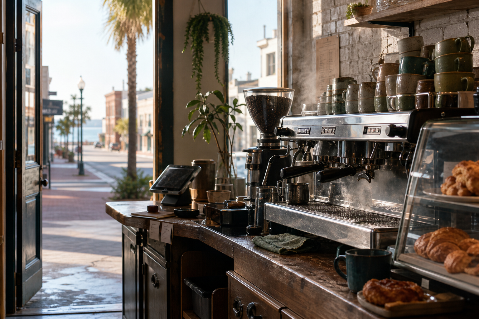 Pensacola coffee shop interior with FL morning light around the espresso bar.