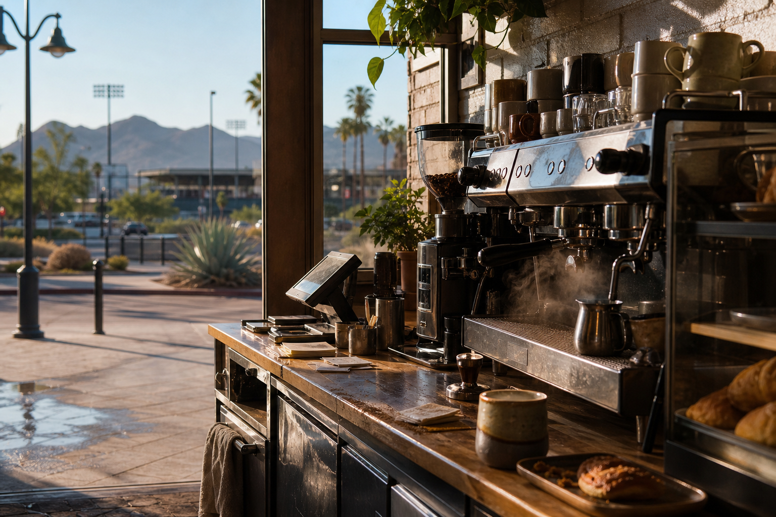 Peoria coffee shop interior with AZ morning light around the espresso bar.