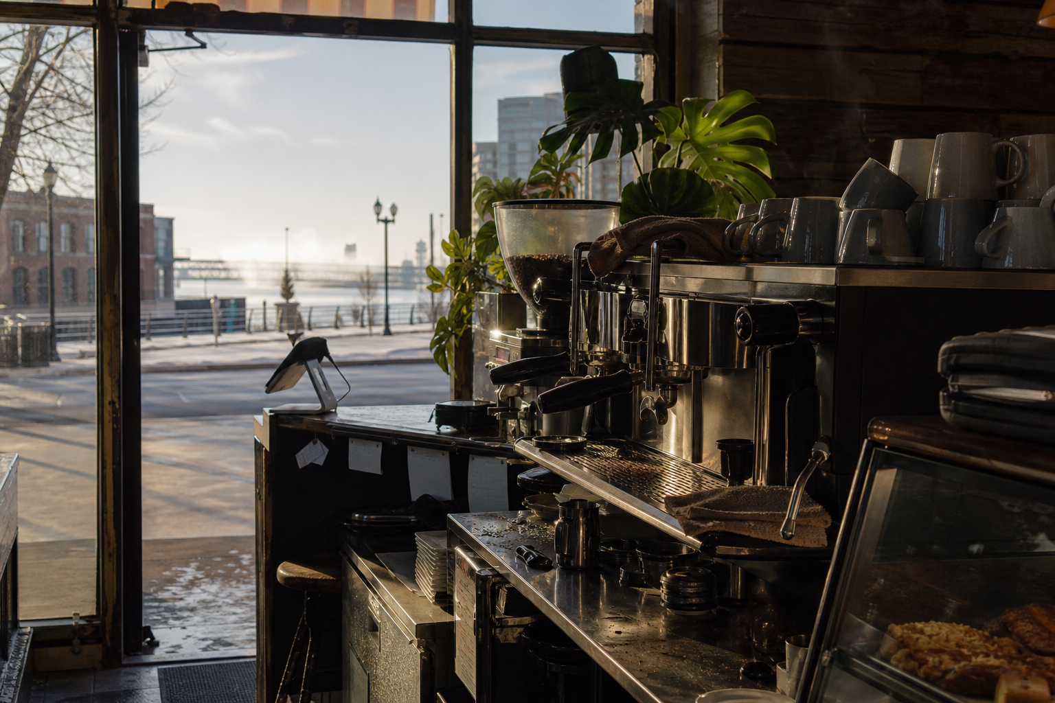 Peoria coffee shop interior with IL morning light around the espresso bar.