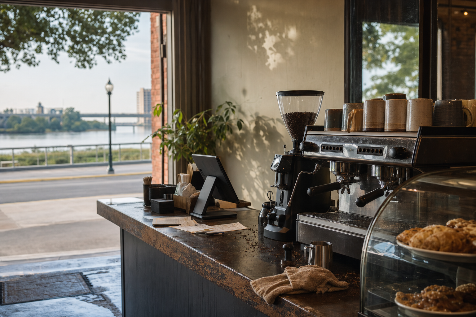 Phenix City coffee shop interior with AL morning light around the espresso bar.