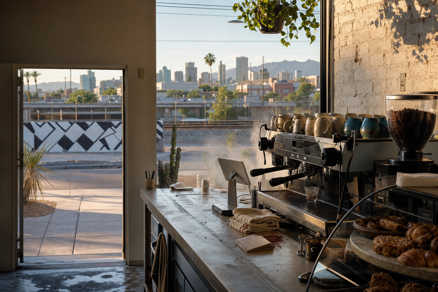 Phoenix coffee shop interior with AZ morning light around the espresso bar.