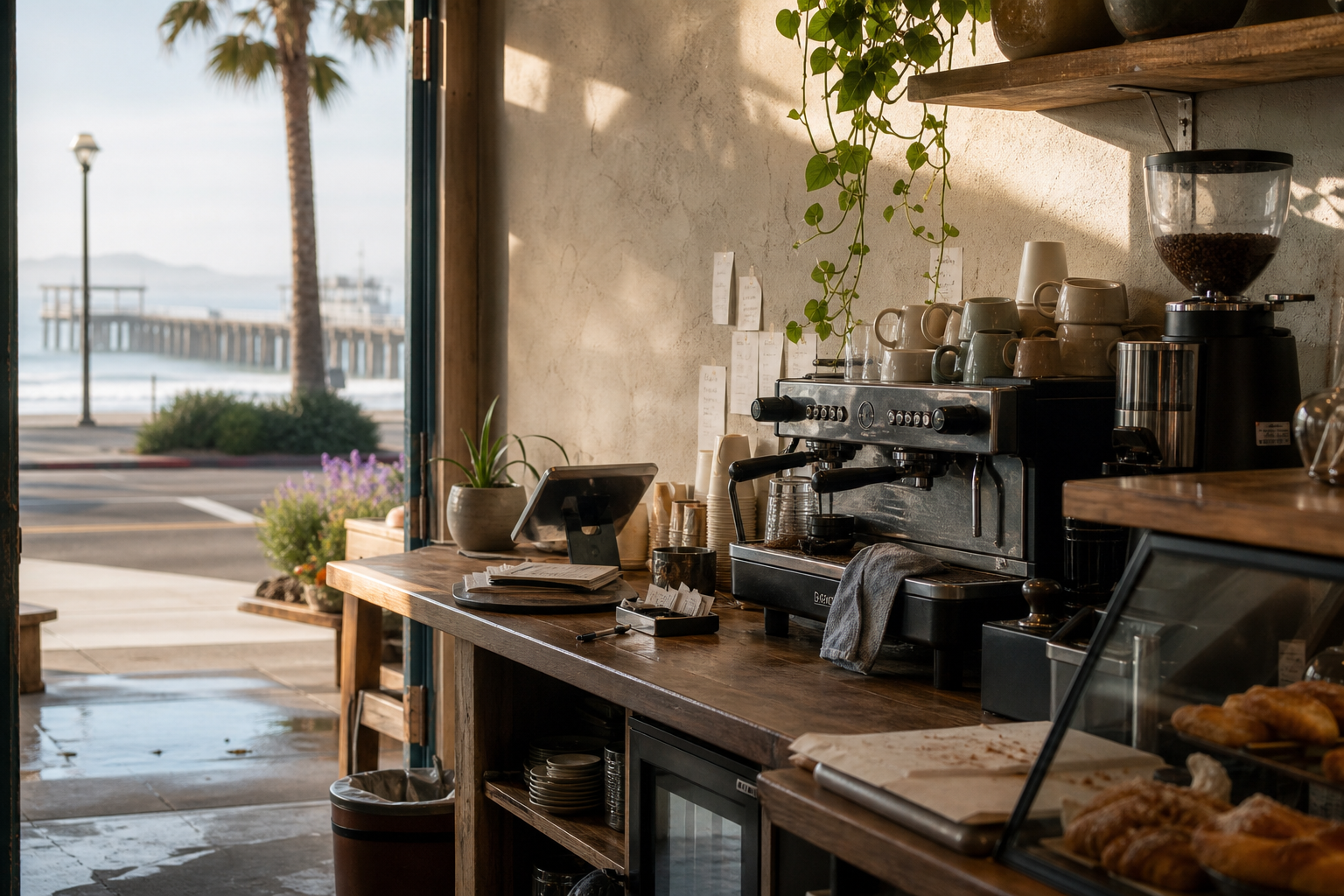 Pismo Beach coffee shop interior with CA morning light around the espresso bar.