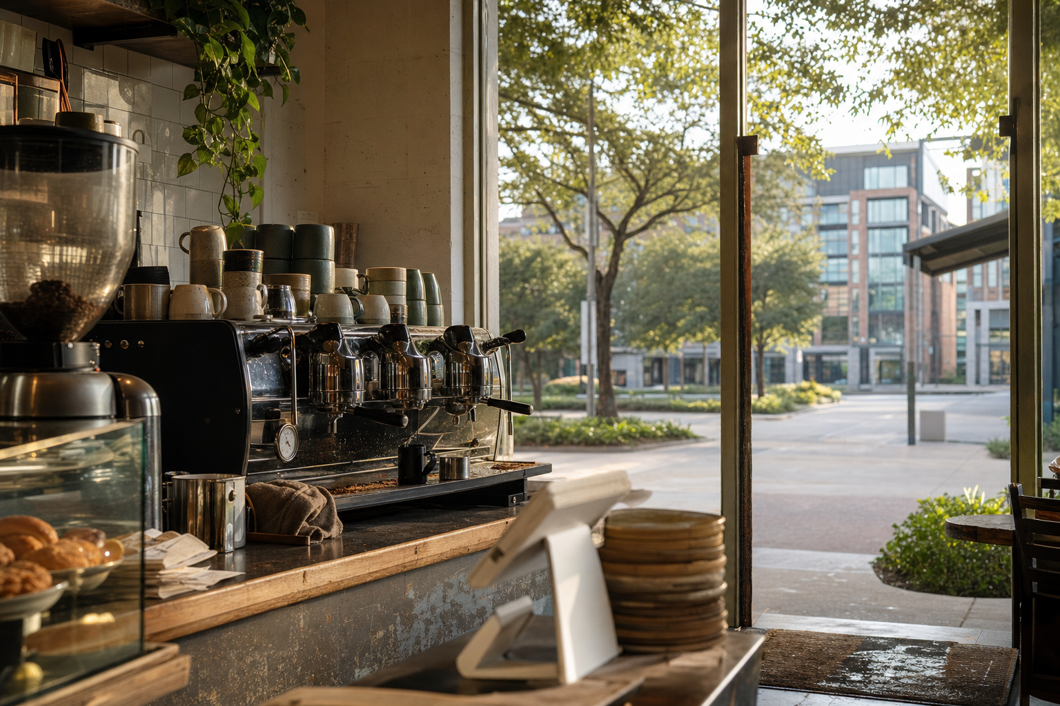 Plano coffee shop interior with TX morning light around the espresso bar.