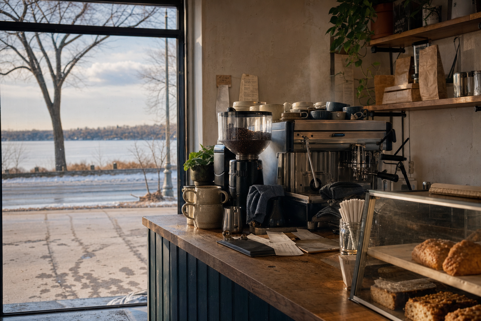 Plymouth coffee shop interior with MN morning light around the espresso bar.