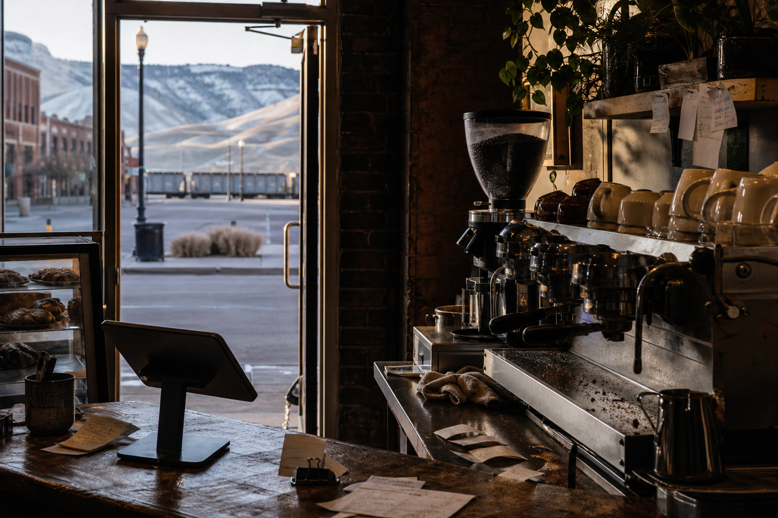 Pocatello coffee shop interior with ID morning light around the espresso bar.