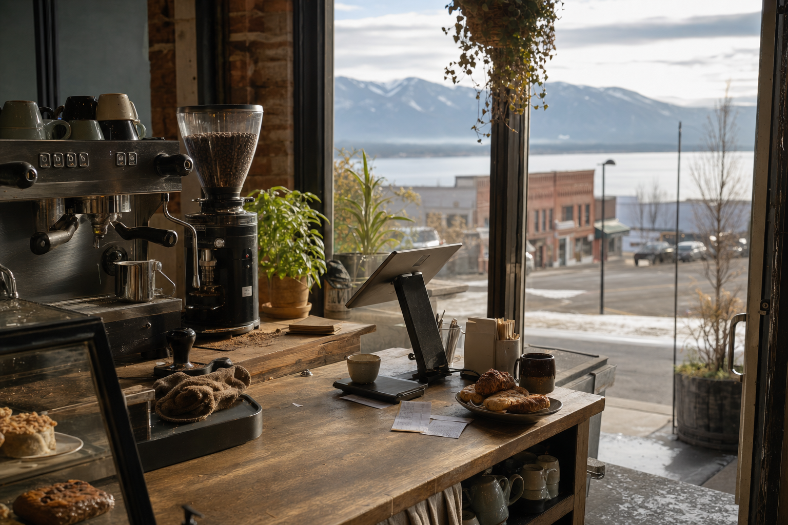 Polson coffee shop interior with MT morning light around the espresso bar.
