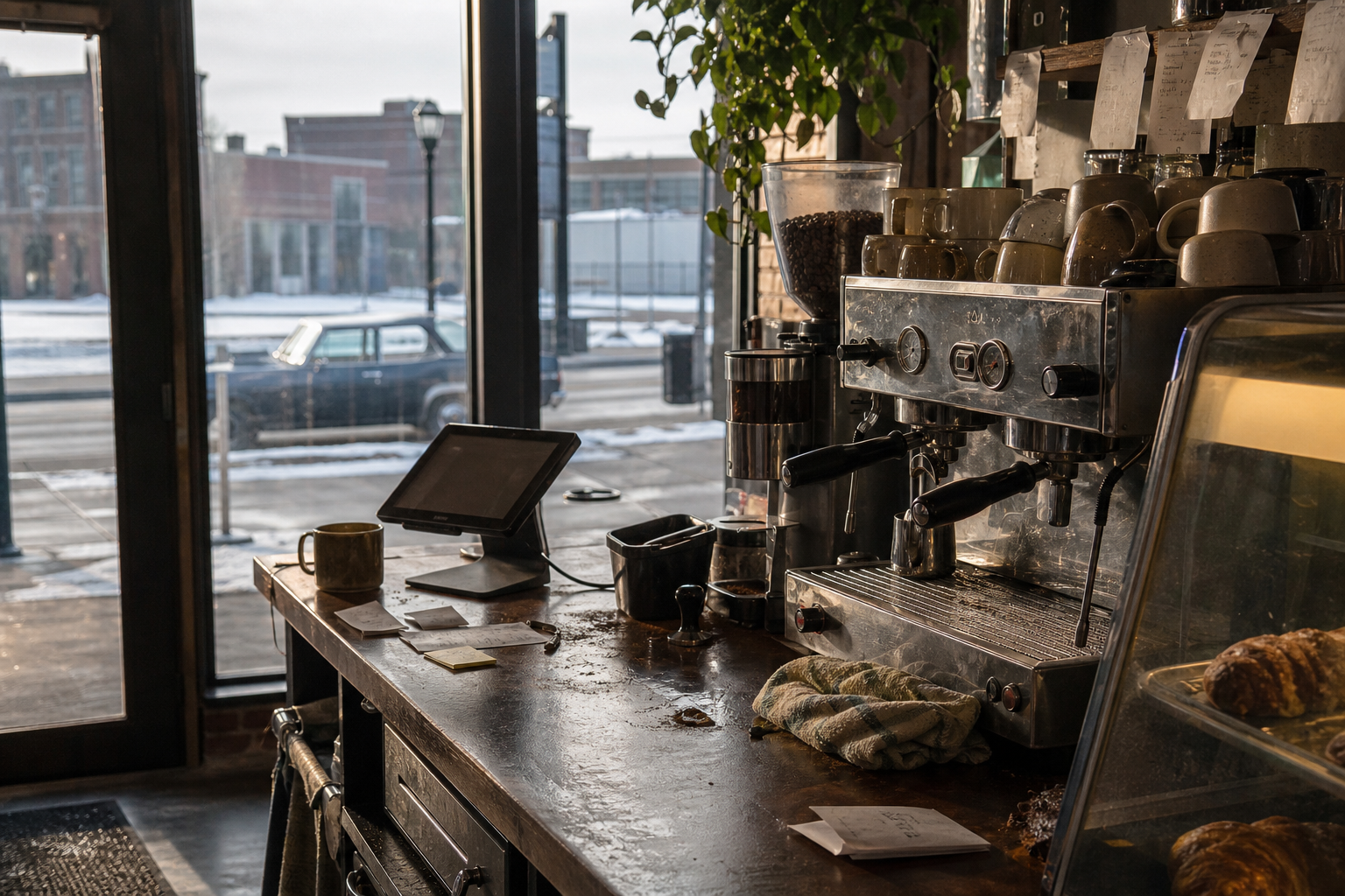Pontiac coffee shop interior with MI morning light around the espresso bar.