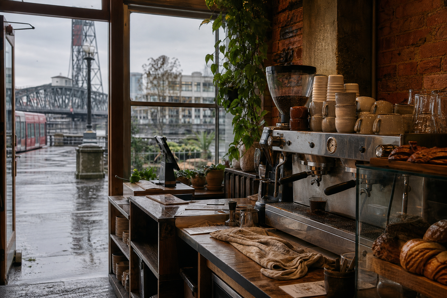Portland coffee shop interior with OR morning light around the espresso bar.