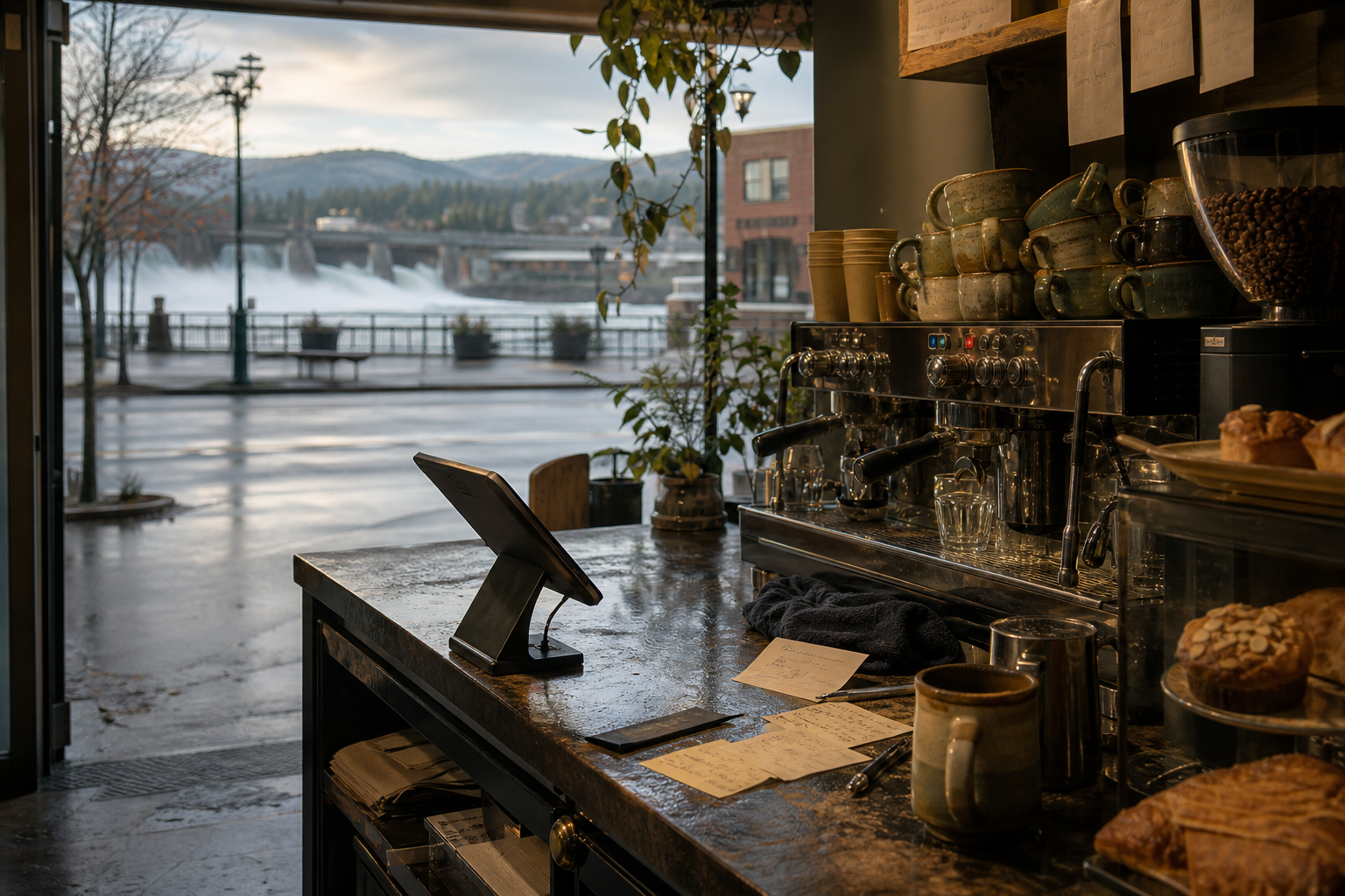 Post Falls coffee shop interior with ID morning light around the espresso bar.