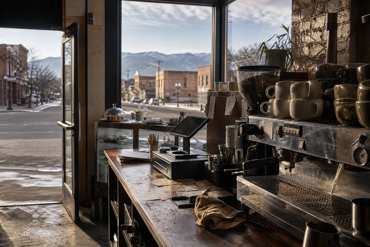 Powell coffee shop interior with WY morning light around the espresso bar.