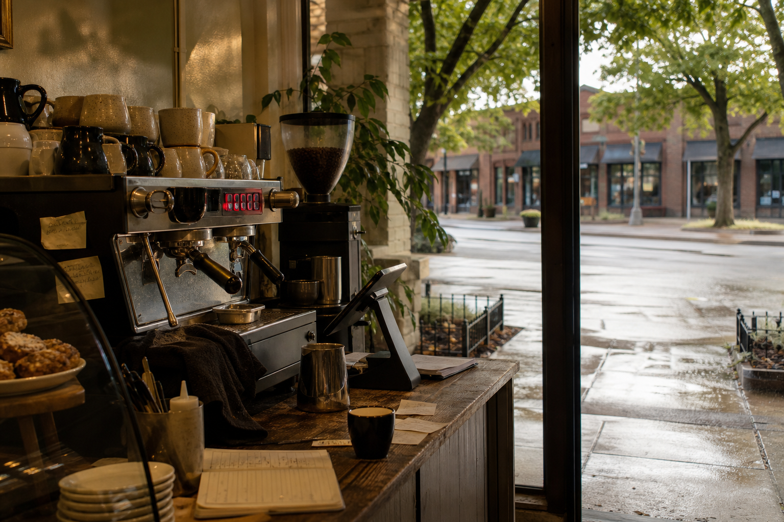 Prairie Village coffee shop interior with KS morning light around the espresso bar.