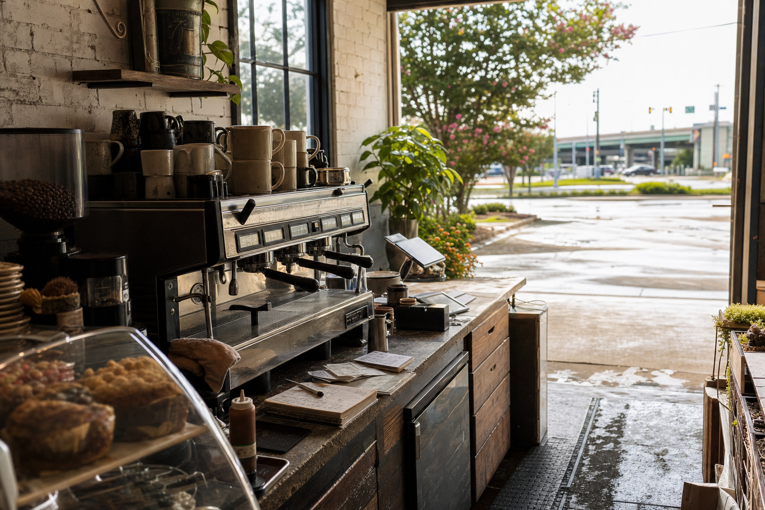 Prairieville coffee shop interior with LA morning light around the espresso bar.